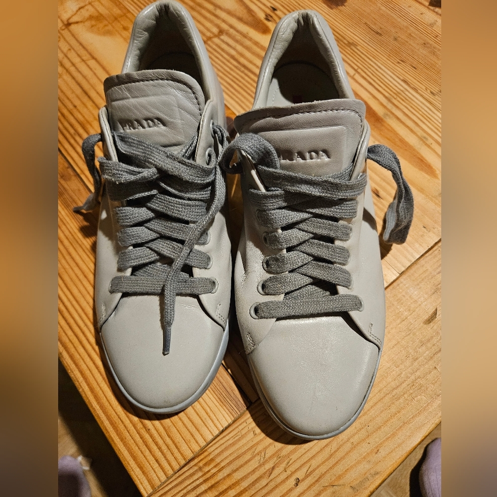 PRADA grey leather low sneakers